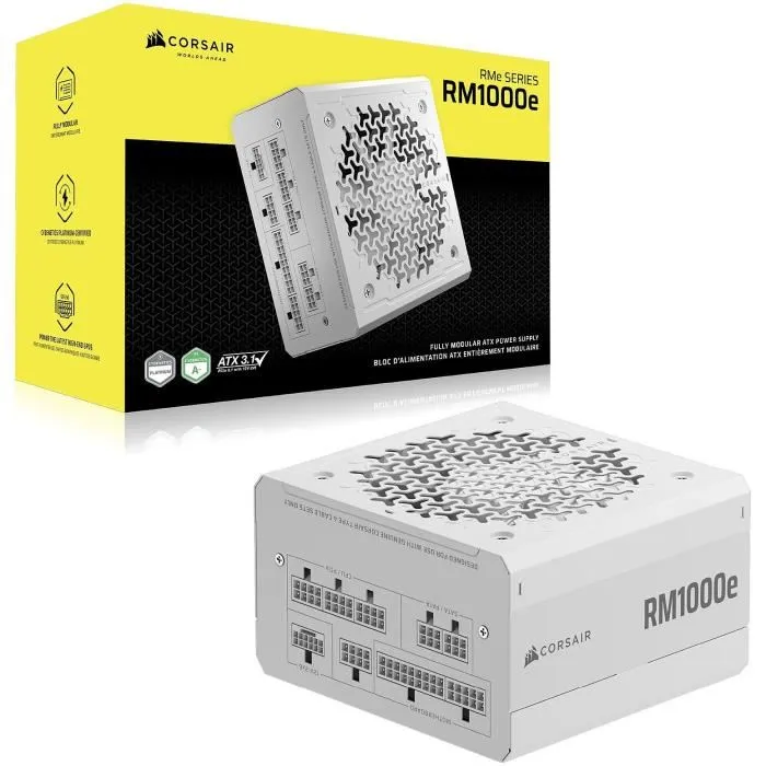 Corsair CP-9020294-EU Alimentation PC RMe White Series RM1000e 1000W 80 Plus Gold, Modulaire, ATX, Ventilateur 12 cm