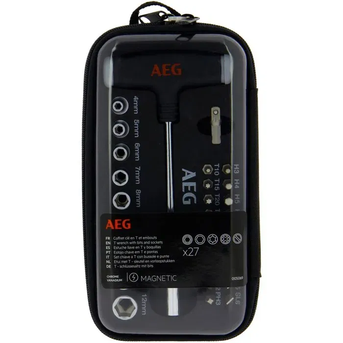 AEG - Coffret clé en T avec embouts et douilles, support en mousse haute densité, coffret antichoc