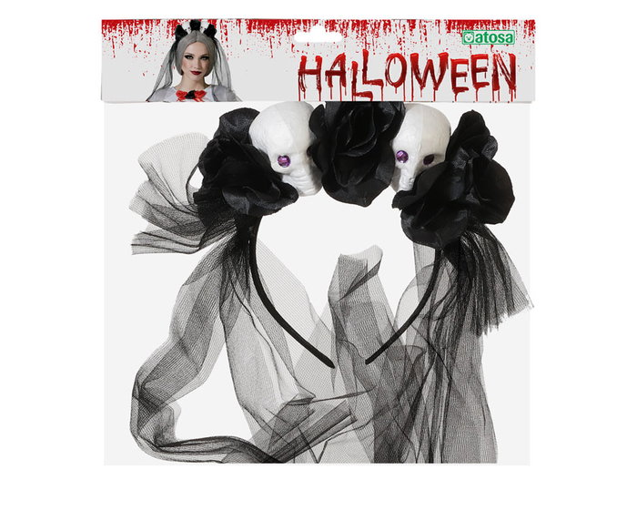 Serre-tête pour adulte Halloween avec décor de crânes et fleurs noires, idéal pour déguisement fantôme, mariée squelettique ou esprit sombre