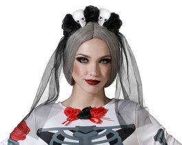 Diadème Halloween Calaveras Femme Adulte avec Voile et Fleurs Noires