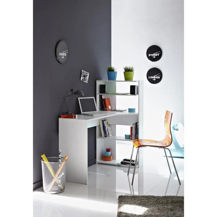 Parisot Bureau d'angle JUNE - Contemporain, design minimaliste - Plateau 120x61 cm, 2 tablettes - Blanc