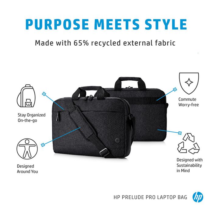 HP Prelude Pro Sacoche Ordinateur Portable 15.6 Pouces - Tissu Recyclé, Compartiment Rembourré, Sangle Réglable et Passe-Câble