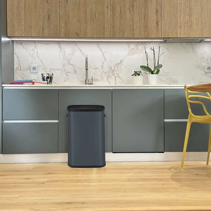 Kitchen Move Portland Poubelle de cuisine 60L avec ouverture par pression, acier inoxydable gris mat, 42 x 28,5 x 62,5 cm
