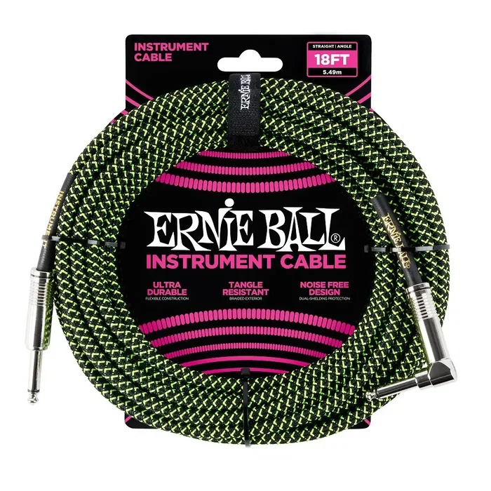 ERNIEBALL Câble Instrument Jack-Jack Tressé 5,49 m Noir / Vert - Signal Clair Anti-Bruit