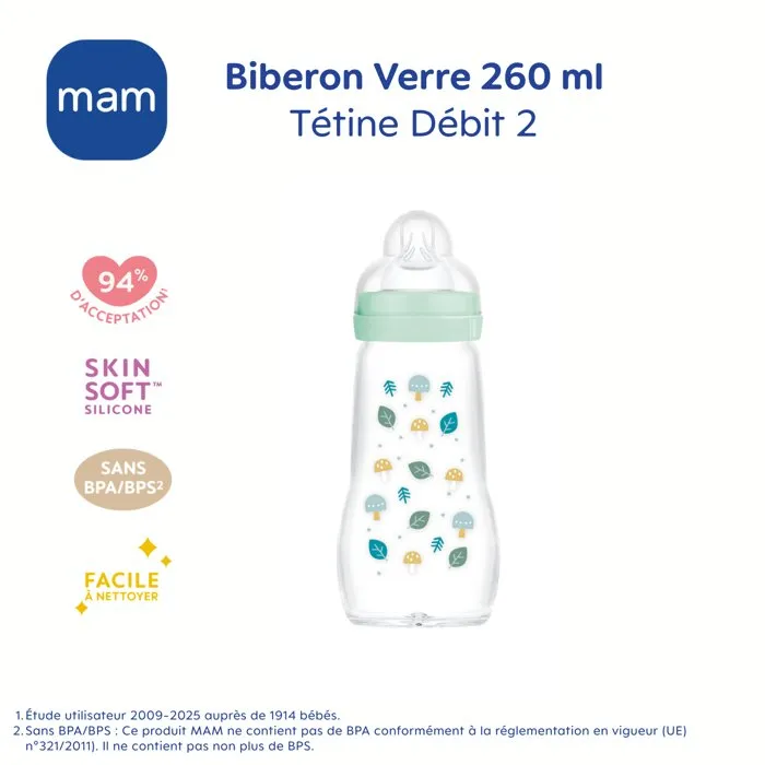 MAM Biberon Verre Nature 260ml Aqua avec Tétine Débit 2