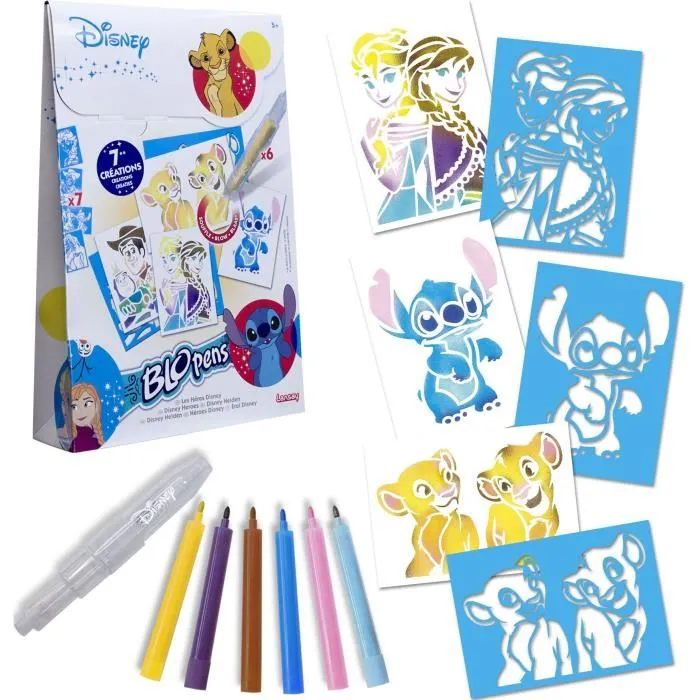 Lansay Blopens - Set de 7 feutres aérographe avec pochoirs réutilisables des héros Disney - Création de dessins pour enfant dès 5 ans