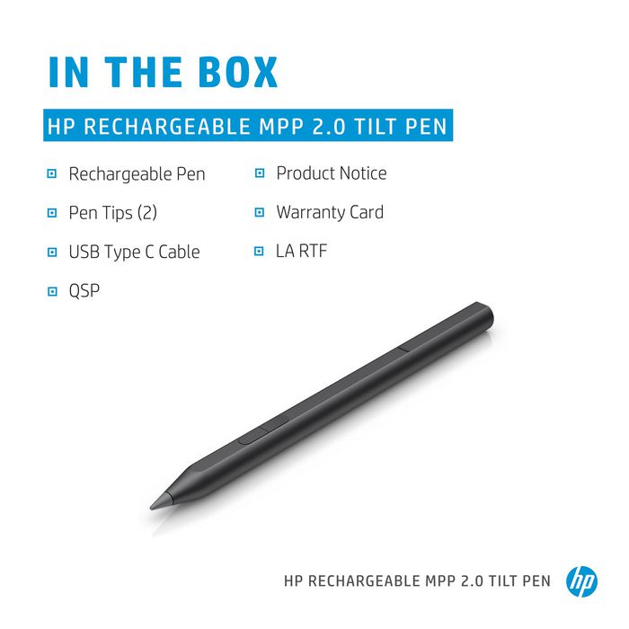 HP Rechargeable MPP 2.0 Tilt Pen Stylo actif noir pour tablette et PC, avec technologie d'inclinaison, 2 boutons programmables, autonomie 30 jours et mines interchangeables