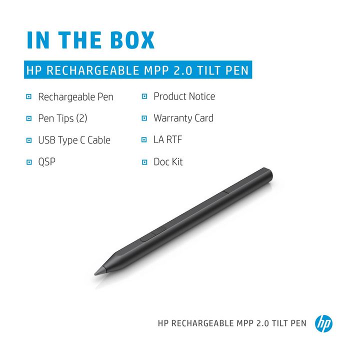 HP Rechargeable MPP 2.0 Tilt Pen Stylo actif noir pour tablette et PC, avec technologie d'inclinaison, 2 boutons programmables, autonomie 30 jours et mines interchangeables