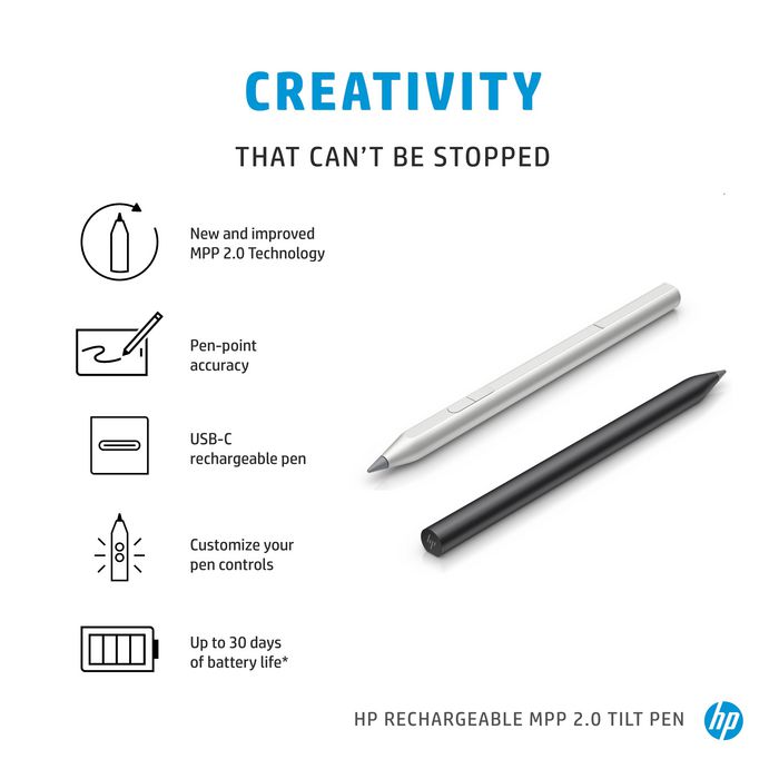 HP Rechargeable MPP 2.0 Tilt Pen Stylo actif noir pour tablette et PC, avec technologie d'inclinaison, 2 boutons programmables, autonomie 30 jours et mines interchangeables