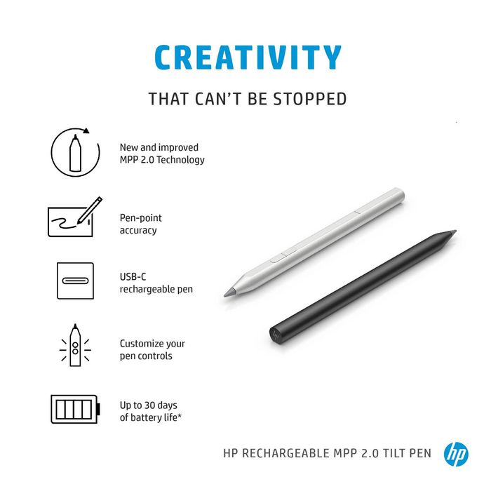 HP Rechargeable MPP 2.0 Tilt Pen Stylo actif noir pour tablette et PC, avec technologie d'inclinaison, 2 boutons programmables, autonomie 30 jours et mines interchangeables