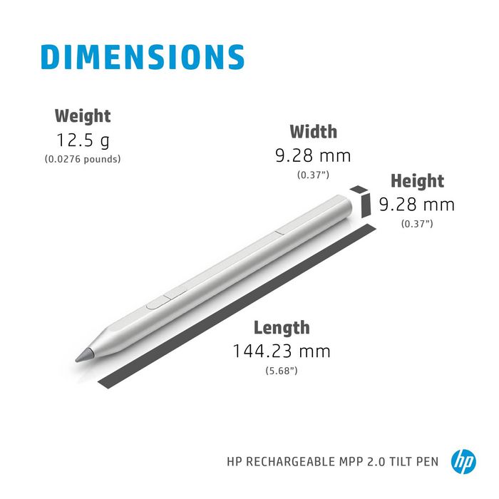 HP Rechargeable MPP 2.0 Tilt Pen Stylo actif noir pour tablette et PC, avec technologie d'inclinaison, 2 boutons programmables, autonomie 30 jours et mines interchangeables