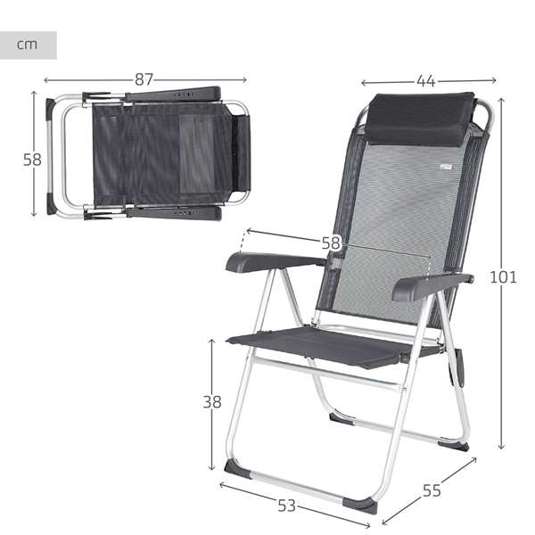 Color Baby - Chaise de camping en aluminium pliable, 5 positions réglables, dimensions repliées 44 x 55 x 101 cm, textile résistant