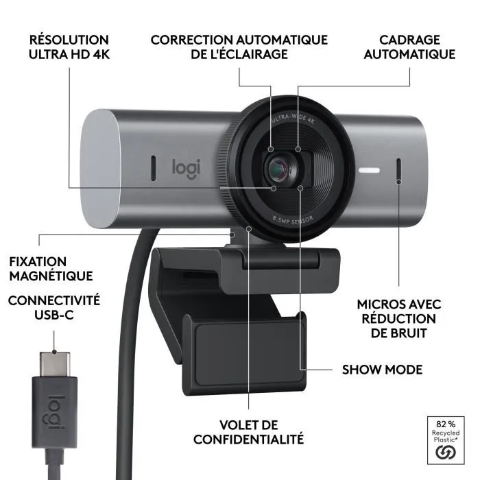 Logitech MX Brio - Webcam filaire Ultra HD 4K avec IA Show Mode, micros antibruit et commandes manuelles pour collaboration, streaming et visioconférence