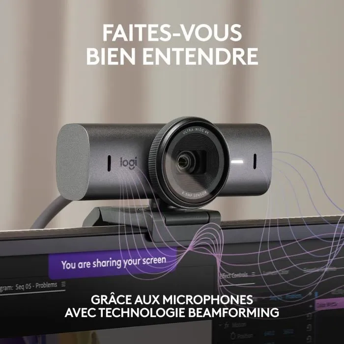 Logitech MX Brio - Webcam filaire Ultra HD 4K avec IA Show Mode, micros antibruit et commandes manuelles pour collaboration, streaming et visioconférence