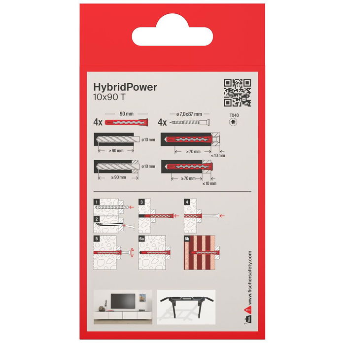 Chevilles et vis Fischer hybridpower Fraisée Ø 10 x 90 mm (4 Unités)