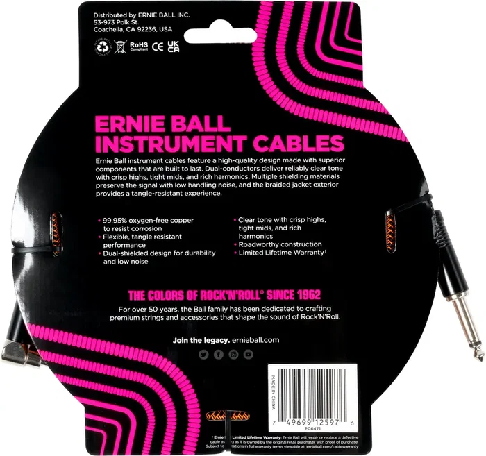 Ernie Ball Câble d'instrument tressé Jack-Jack 5,5 m - Orange / Noir