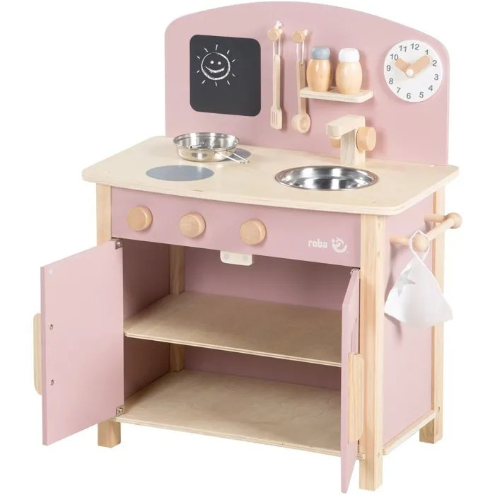 Roba - Cuisine de jeu en bois pour enfants avec accessoires - Rose et naturel - 7 pièces incluses - 52x30x63 cm - À partir de 3 ans