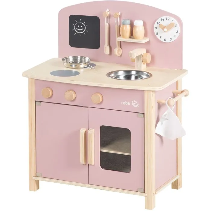 Roba - Cuisine de jeu en bois pour enfants avec accessoires - Rose et naturel - 7 pièces incluses - 52x30x63 cm - À partir de 3 ans