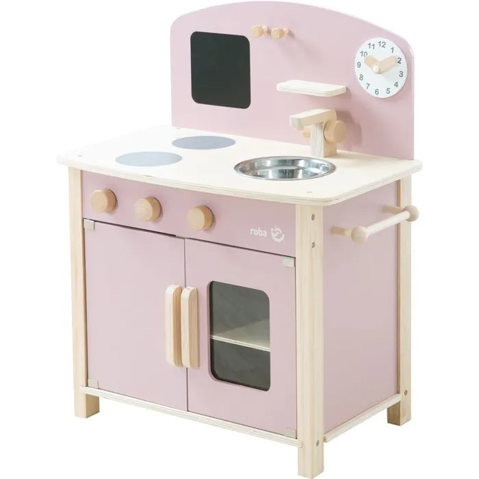 Roba - Cuisine de jeu en bois pour enfants avec accessoires - Rose et naturel - 7 pièces incluses - 52x30x63 cm - À partir de 3 ans