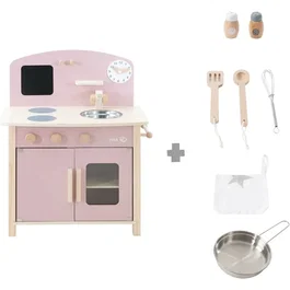 Roba - Cuisine de jeu en bois pour enfants avec accessoires - Rose et naturel - 7 pièces incluses - 52x30x63 cm - À partir de 3 ans