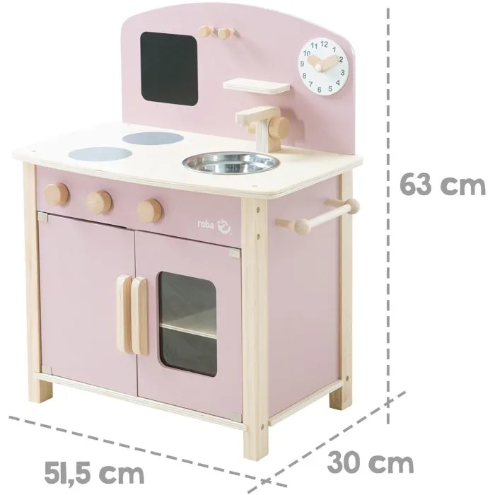 Roba - Cuisine de jeu en bois pour enfants avec accessoires - Rose et naturel - 7 pièces incluses - 52x30x63 cm - À partir de 3 ans