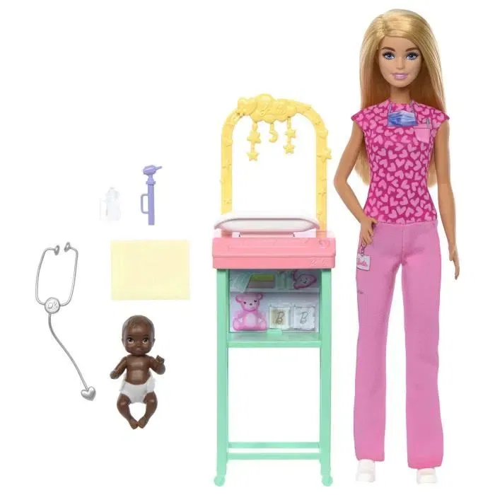 Barbie Coffret Pédiatre JCR72 - Poupée Barbie Blonde et Poupée Bébé avec Mobilier et Accessoires Médicaux - Pour Enfants de 3 Ans et Plus Barbie Coffret Pédiatre JCR72 - Poupée Barbie Blonde et Poupée Bébé avec Mobilier et Accessoires Médicaux - Pour Enfants de 3 Ans et Plus