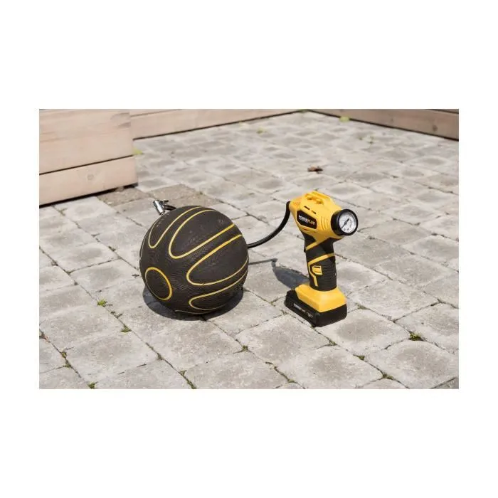Powerplus Pompe à Air - Compresseur/Gonfleur Portable Sans Fil 18V, 8 bar max, avec Tuyau de 50 cm et Accessoires, Facile à Manipuler