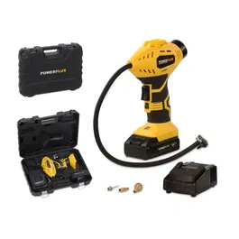 Powerplus Pompe à Air - Compresseur/Gonfleur Portable Sans Fil 18V, 8 bar max, avec Tuyau de 50 cm et Accessoires, Facile à Manipuler