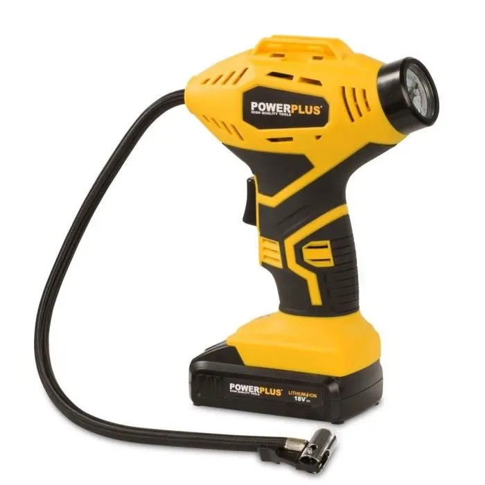 Powerplus Pompe à Air - Compresseur/Gonfleur Portable Sans Fil 18V, 8 bar max, avec Tuyau de 50 cm et Accessoires, Facile à Manipuler