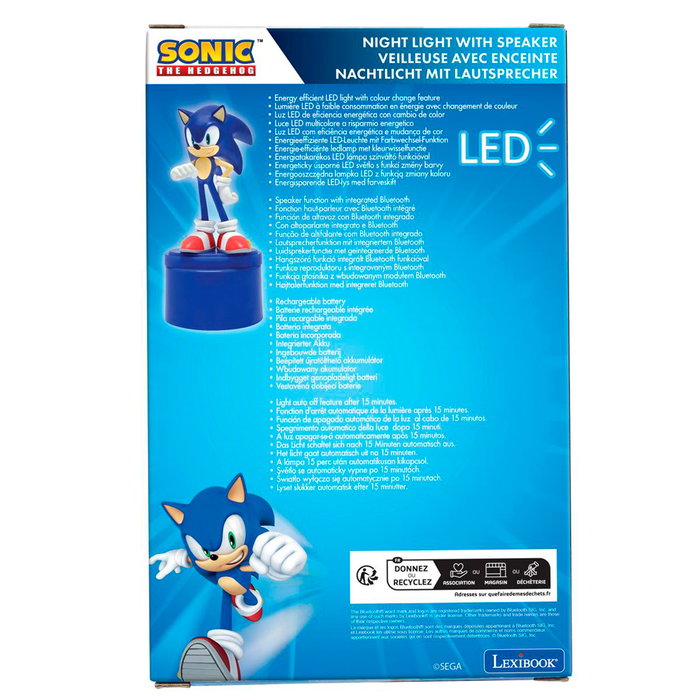 Lexibook Sonic NS02SN - Lampe de nuit Bluetooth avec haut-parleur intégré pour enfants - Licence Sonic - Recommandé +3 ans