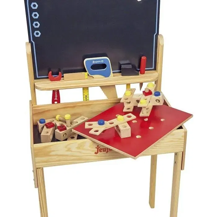 Jeujura Grand établi de bricolage en bois avec accessoires et coffre de rangement - Table de jeu pour enfant à partir de 3 ans (47 x 30 x 93 cm)