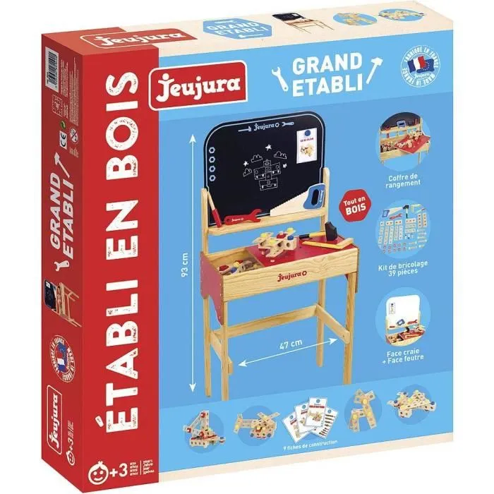 Jeujura Grand établi de bricolage en bois avec accessoires et coffre de rangement - Table de jeu pour enfant à partir de 3 ans (47 x 30 x 93 cm)