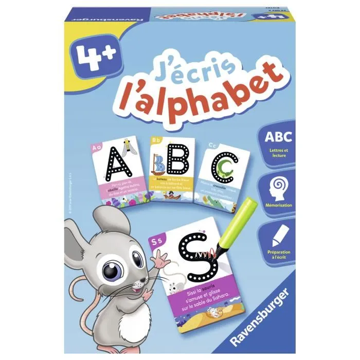 Ravensburger - J'écris l'alphabet - Jeu éducatif - Préparation à l'écriture avec 26 cartes-pochoirs et feutre - À partir de 4 ans