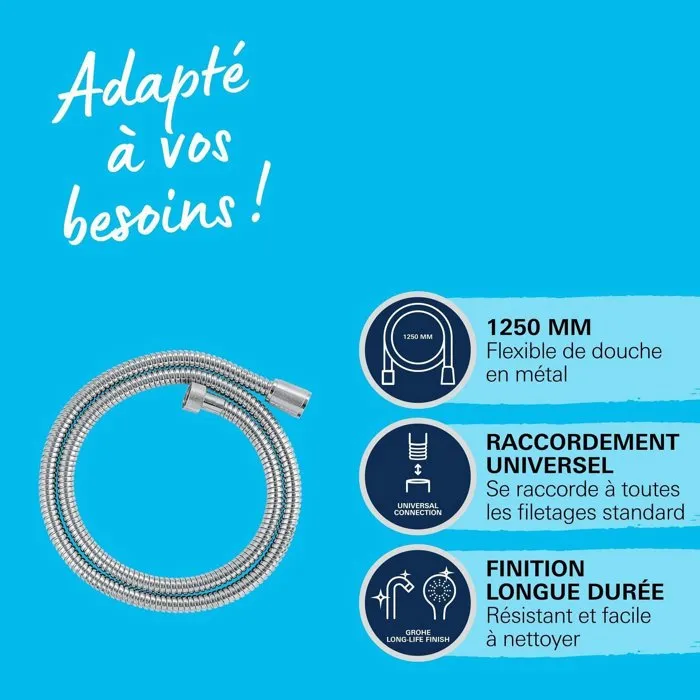 GROHE - Flexible de douche annelé VitalioFlex 1,25 m en métal Long-Life - Réf. 22106000 - Finition chromée brillante - Prise moletée