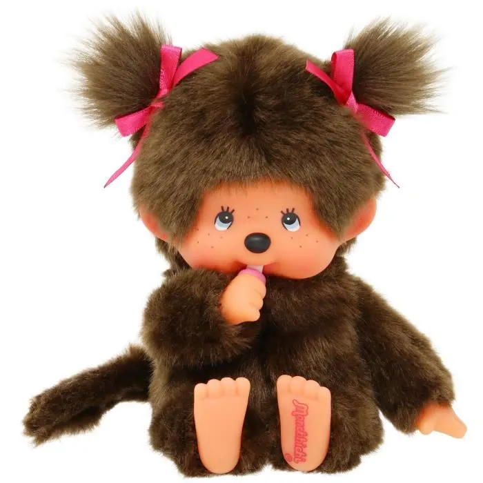 BANDAI Peluche Monchhichi l'Original Fille - Singe Marron 20 cm - Doudou et Déco Adorable Enfant