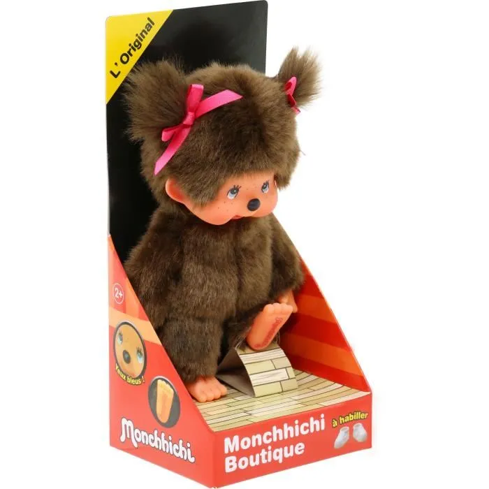 BANDAI Peluche Monchhichi l'Original Fille - Singe Marron 20 cm - Doudou et Déco Adorable Enfant