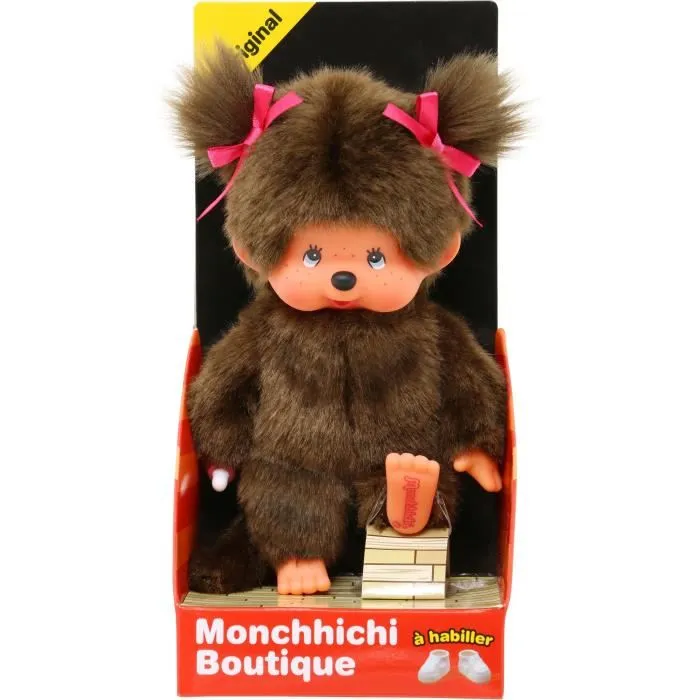 BANDAI Peluche Monchhichi l'Original Fille - Singe Marron 20 cm - Doudou et Déco Adorable Enfant