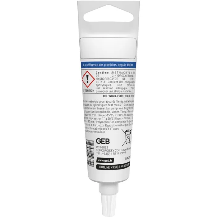 GEB - Résine d'étanchéité tout fluide pour raccords métalliques - Compatible eau potable - Tube de 20 ml