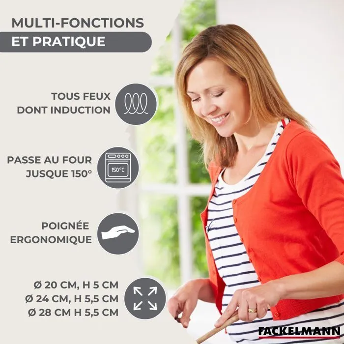 Fackelmann Set de 3 Poêles Inox 18/8 sans PFAS (20, 24, 28 cm) + 6 Ustensiles - Induction & Four 150°C - Culottage requis - Garantie 3 ans