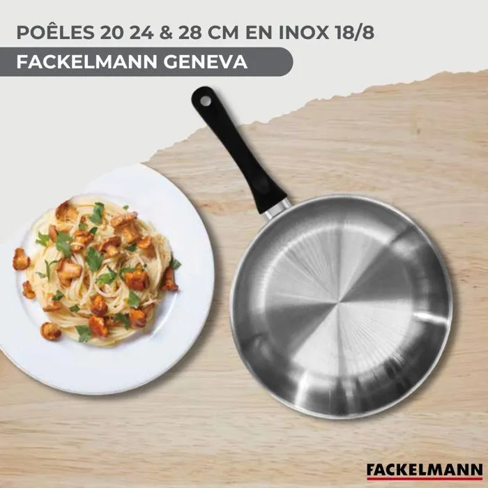Fackelmann Set de 3 Poêles Inox 18/8 sans PFAS (20, 24, 28 cm) + 6 Ustensiles - Induction & Four 150°C - Culottage requis - Garantie 3 ans