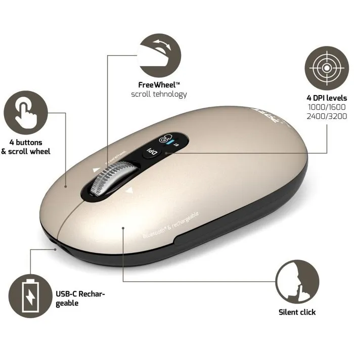 Port Designs Souris sans fil PURE COLOR 910500 pour Mac Bluetooth rechargeable USB-C, ambidextre, jusqu'à 3200 DPI, beige clair