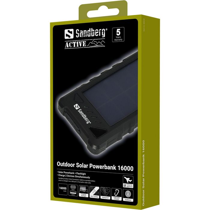 Sandberg Powerbank Portable Solaire Exterieur 16000 mAh - Chargeur USB avec Panneau Solaire, Étanche IP67, 2 Ports Sandberg Powerbank Portable Solaire Exterieur 16000 mAh - Chargeur USB avec Panneau Solaire, Étanche IP67, 2 Ports