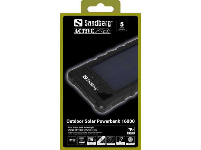 Sandberg Powerbank Portable Solaire Exterieur 16000 mAh - Chargeur USB avec Panneau Solaire, Étanche IP67, 2 Ports Sandberg Powerbank Portable Solaire Exterieur 16000 mAh - Chargeur USB avec Panneau Solaire, Étanche IP67, 2 Ports