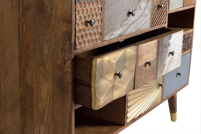 GINER Y COLOMER Commode en bois de manguier avec 5 tiroirs et 2 niches - 80x110x40 cm - Buffet de rangement naturel avec finition texturée