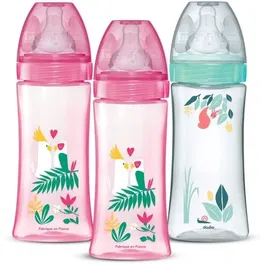 Dodie Lot de 3 Biberons Anti-Coliques, 330 ml, Tétines Rondes 3 Vitesses, Dédié à +6 Mois, Prévention des Régurgitations (Rose et Vert)