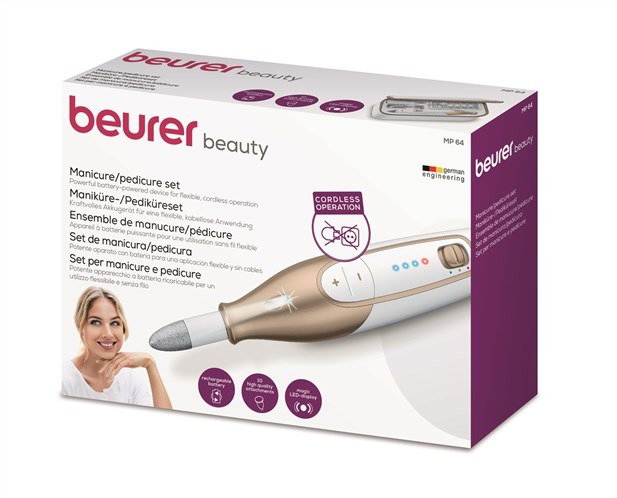 Beurer MP-64 Set de Manucure et Pédicure Professionnel avec Lumière LED et Batterie au Lithium - 10 Accessoires, Mango Ergonomique, 3 Vitesses
