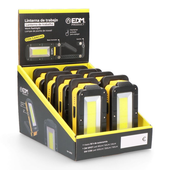 Edm Lampe de travail LED rechargeable 500lm avec base pivotante 180°, batterie lithium 2000mAh, IP44, crochet et aimant Edm Lampe de travail LED rechargeable 500lm avec base pivotante 180°, batterie lithium 2000mAh, IP44, crochet et aimant