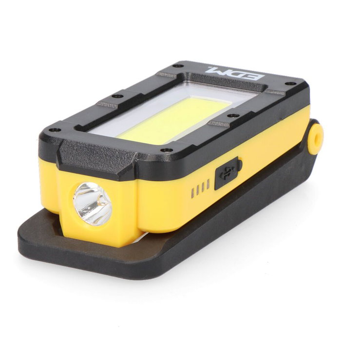 Edm Lampe de travail LED rechargeable 500lm avec base pivotante 180°, batterie lithium 2000mAh, IP44, crochet et aimant Edm Lampe de travail LED rechargeable 500lm avec base pivotante 180°, batterie lithium 2000mAh, IP44, crochet et aimant