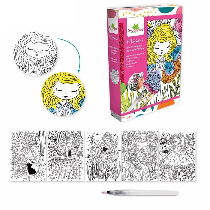 Sycomore - Jeu de Peinture Magique à l'Eau Artissimo Les Mondes Féériques - 5 Tableaux à Révéler - Activité Créative pour Enfants Dès 4 Ans
