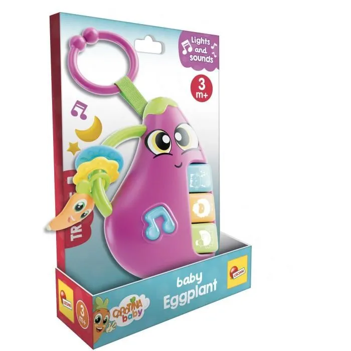 Lisciani Giochi Carotina Baby - Hochet électronique Aubergine avec mélodies, bruits d'animaux et anneaux de dentition - Jouet d'éveil pour bébé dès 3 mois